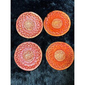 Leather Red Coasters Set Embossed Fish Design Round Shape  Set Of 4